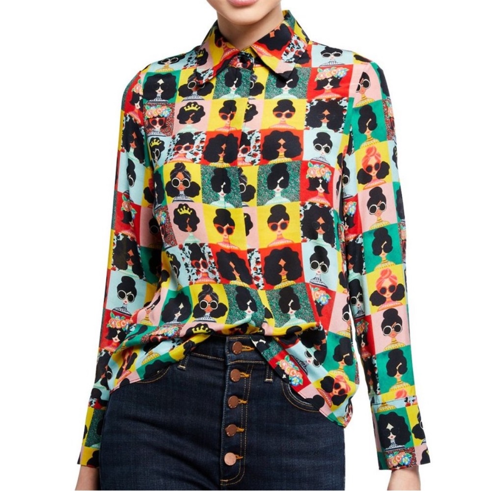 Alice + Olivia Willa Silk Top in Patchwork Stace Face Size Medium